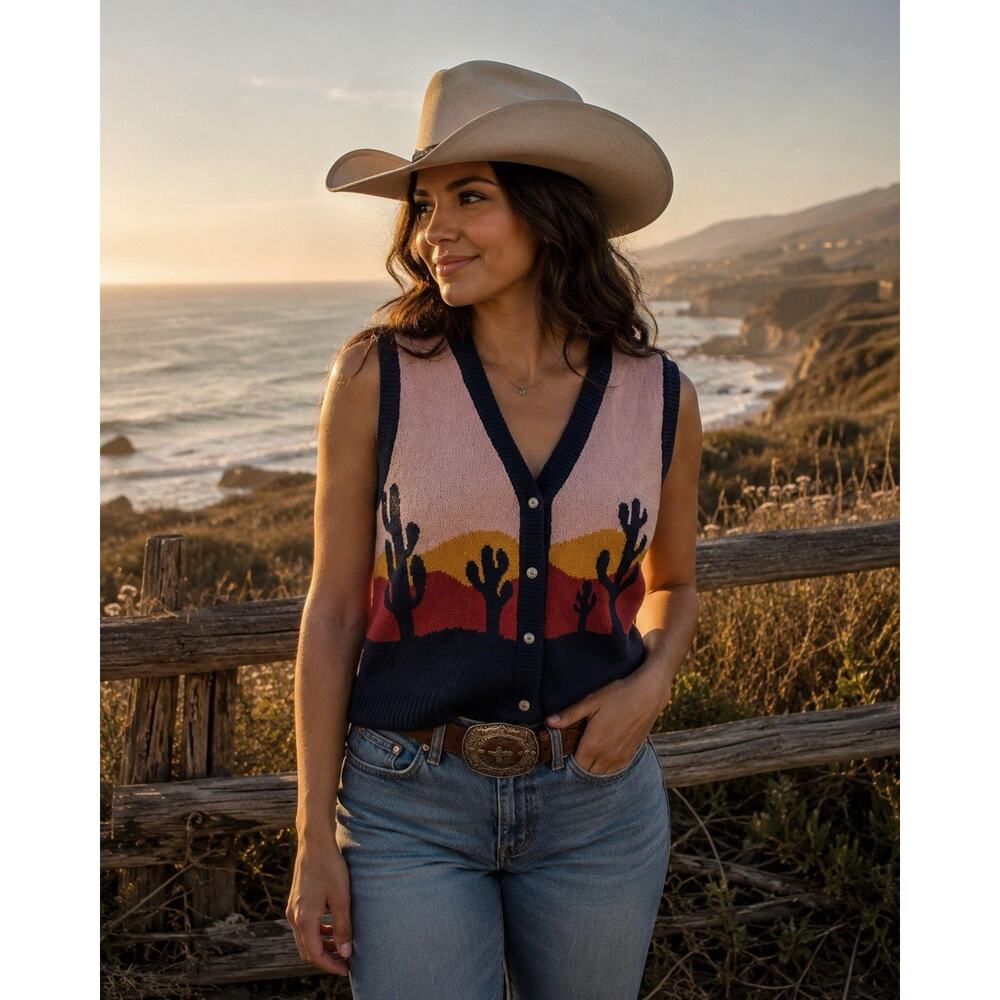 Lucky & Blessed Knit Sweater Vest Sunset Western Cowgirl Boho Sz S/M
